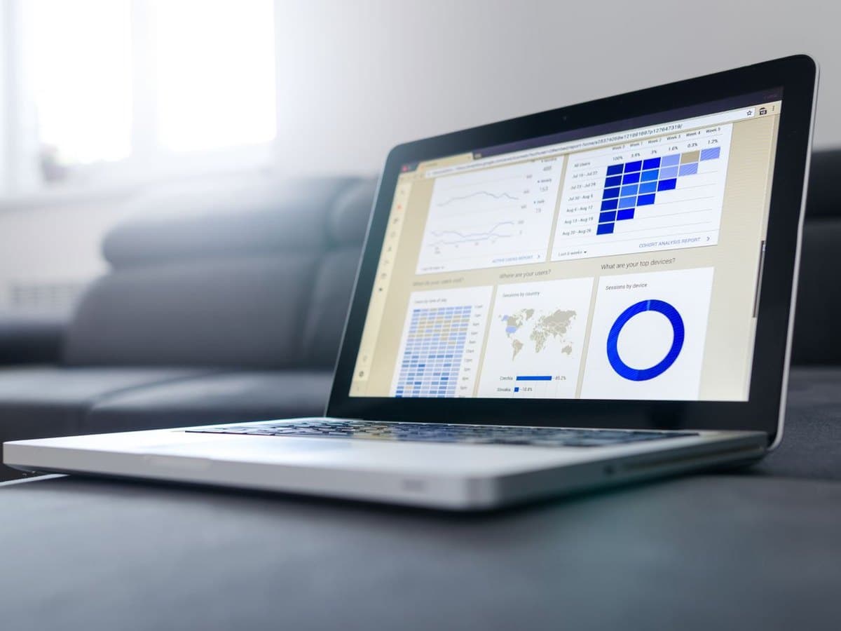 A laptop displaying a dashboard of charts and reporting data
